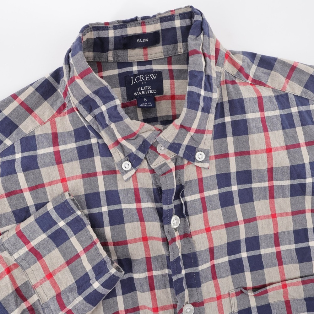 J. Crew Slim Flex Washed Plaid Shirt Navy Red Long Sleeve Mens Small